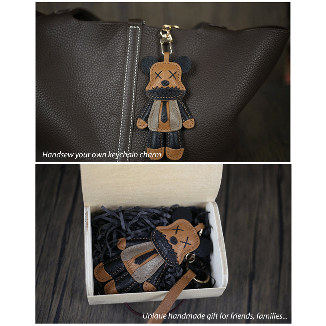 Classic Brown Leather Little Bear Keychain | Luxury Leather Bag Charm in Brown - Wirkin™