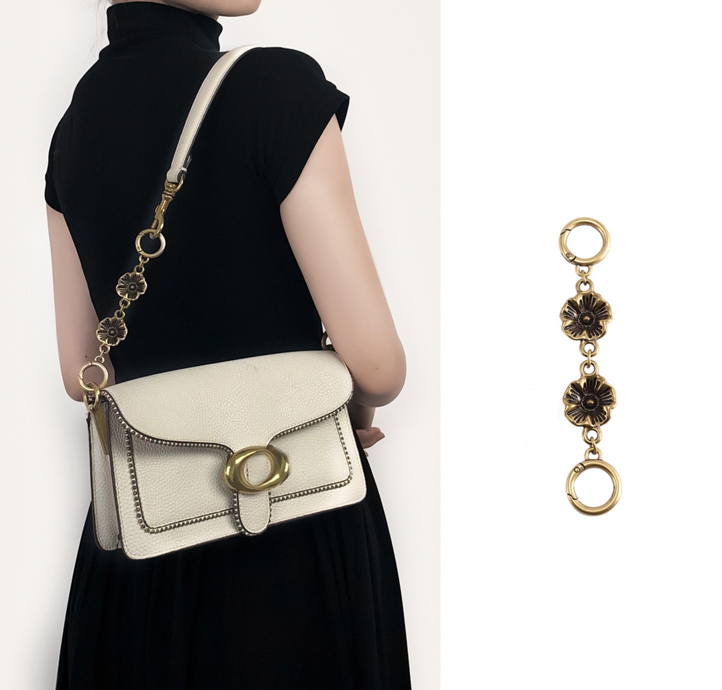 Tabby26 armpit bag with extended chain accessory, 14.5 cm long camellia style metal chain