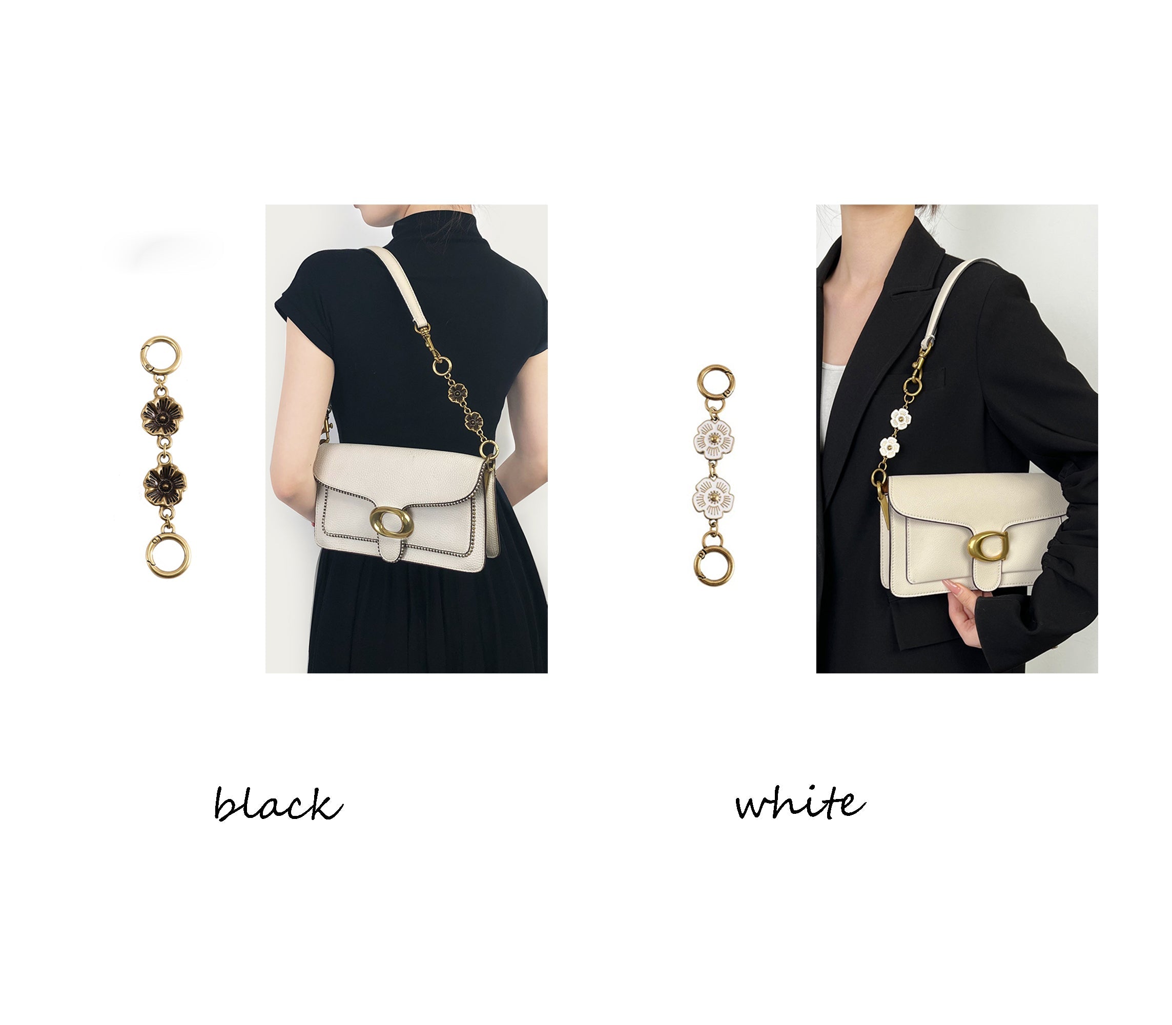 Tabby26 armpit bag with extended chain accessory, 14.5 cm long camellia style metal chain