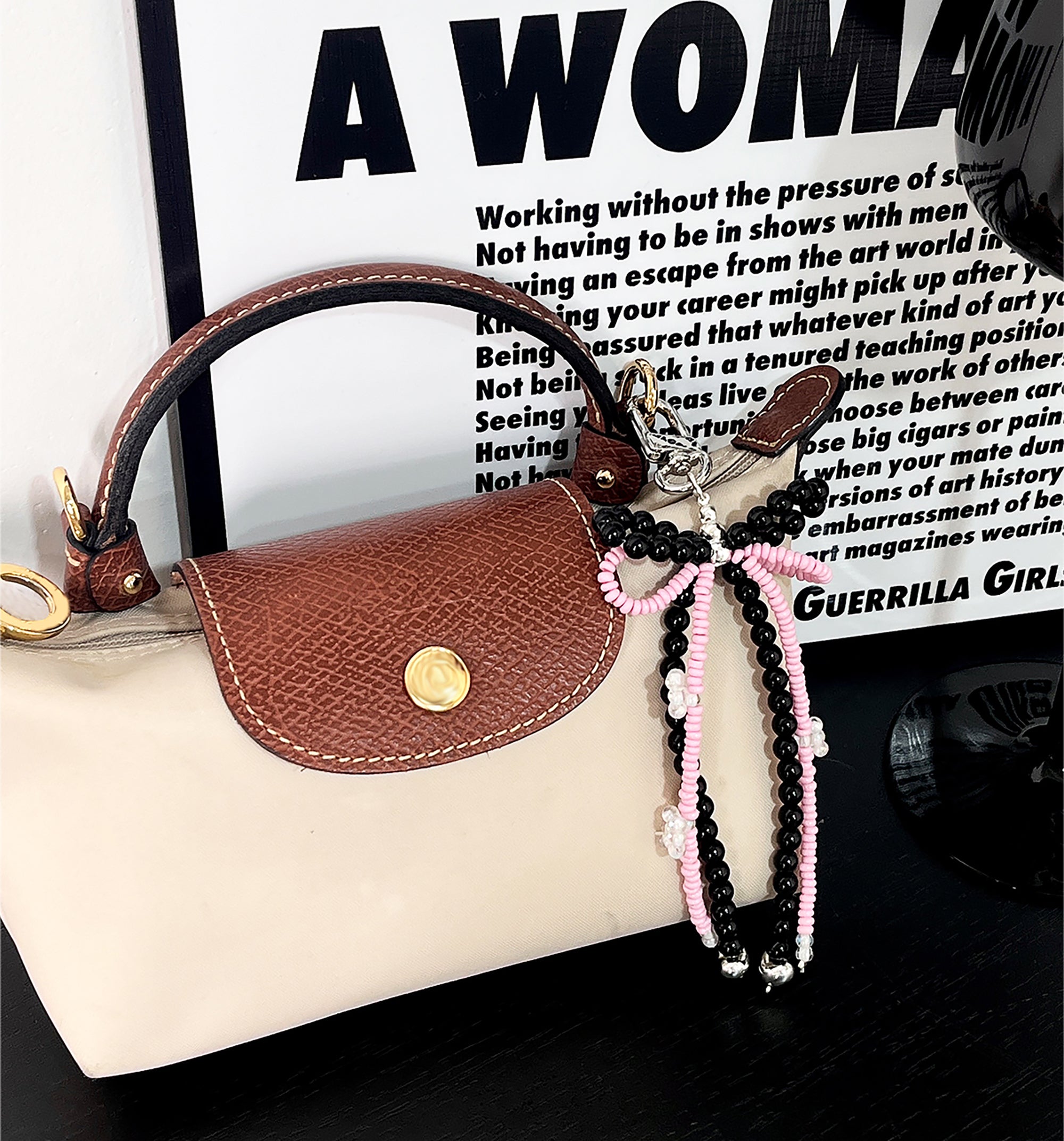 Pearl accessory for The Pliage Energy bag, fashion bow-style charm, handmade keychain.